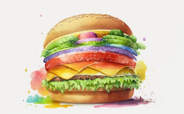 una hamburguesa con queso dibujada sobre fondo blanco acuarela ilustraciones de comida rápida generada por ai