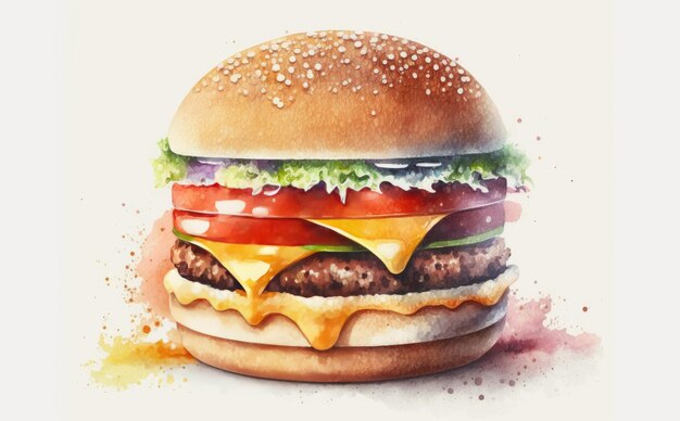 Foto una hamburguesa con queso dibujada sobre fondo blanco acuarela ilustraciones de comida rápida generada por ai