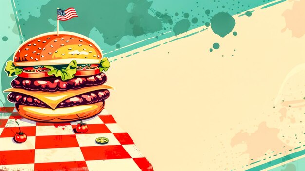 Foto hamburguesa de queso doble de estilo americano en un fondo retro