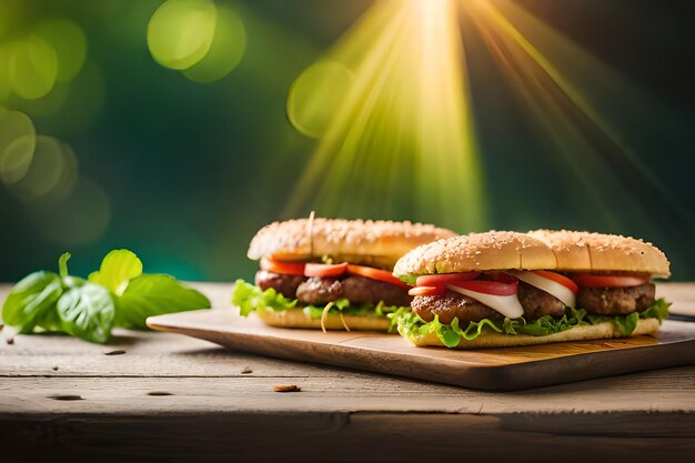 Hamburguesa de queso doble en tabla de madera bandera larga y ancha