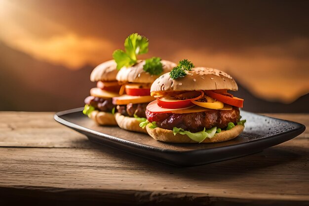 Hamburguesa de queso doble en tabla de madera bandera larga y ancha