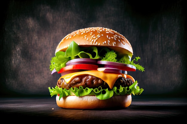 Hamburguesa con queso épica Deliciosa hamburguesa doble con queso derretido y lechuga en un bollo frito crujiente Ilustración 3d AI generativa