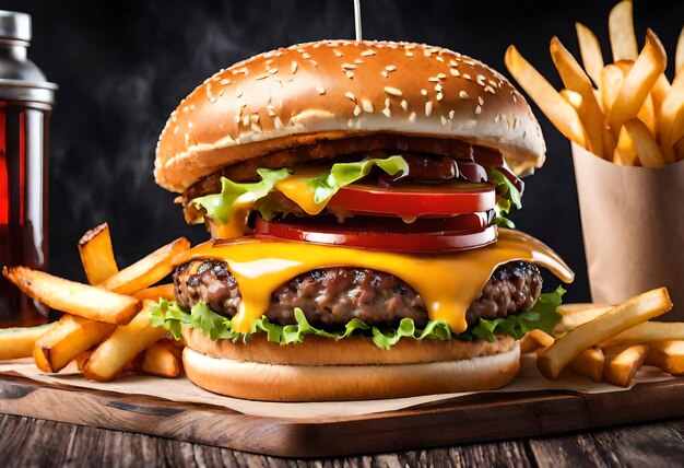 una hamburguesa con queso con un fondo negro