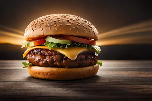 Una hamburguesa con queso con un fondo oscuro y una luz detrás.