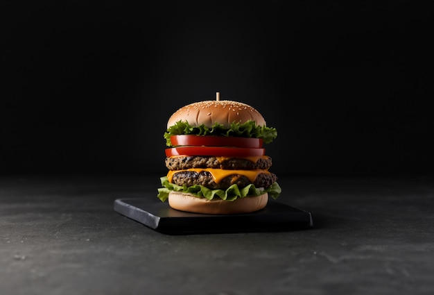 La hamburguesa con queso fresca y deliciosa con papas fritas en un fondo negro oscuro