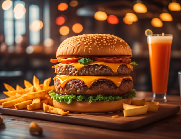 La hamburguesa de queso fresca y deliciosa con patatas fritas sobre un fondo negro oscuro