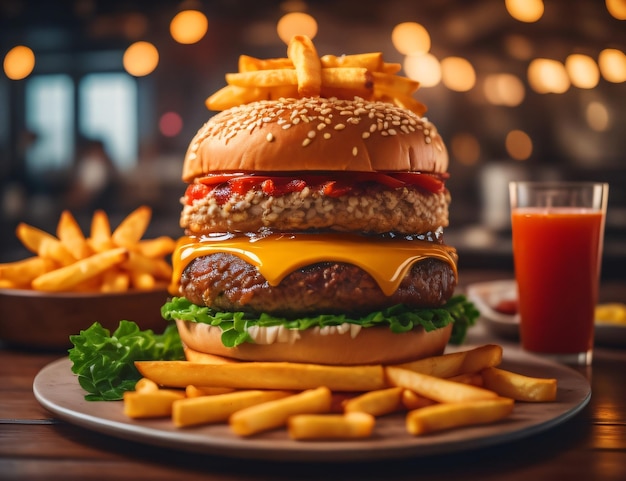 La hamburguesa de queso fresca y deliciosa con patatas fritas sobre un fondo negro oscuro