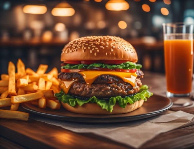 La hamburguesa de queso fresca y deliciosa con patatas fritas sobre un fondo negro oscuro