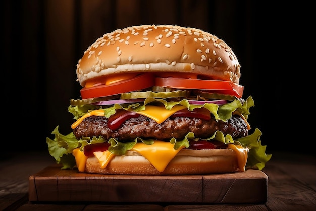 Hamburguesa con queso fresco sobre tabla de madera