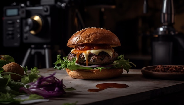 Hamburguesa de queso gourmet a la parrilla con verduras frescas y papas fritas generadas por IA