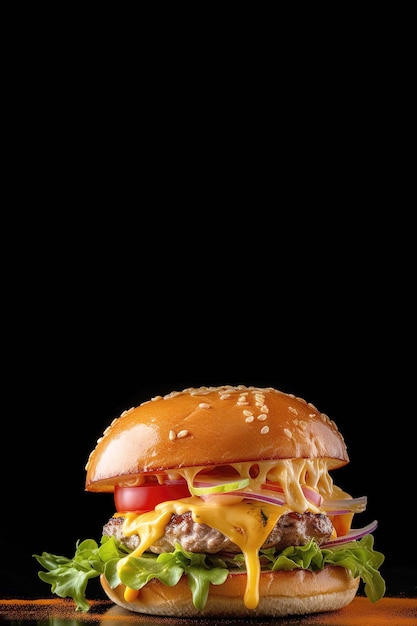 Hamburguesa con queso grande y sabrosa sobre fondo negro con espacio de copia para el texto Afiche de comida Generativo ai