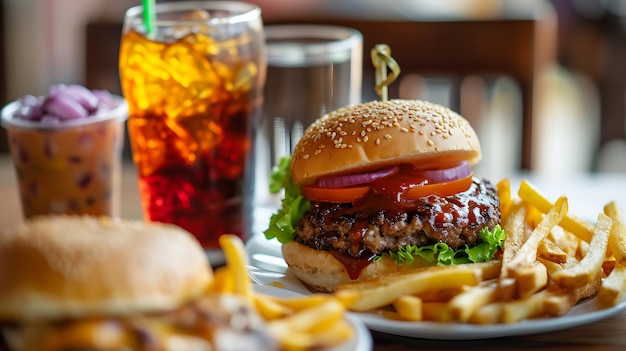 Hamburguesa de queso Hamburguesa americana de queso con papas fritas doradas y bebida fría