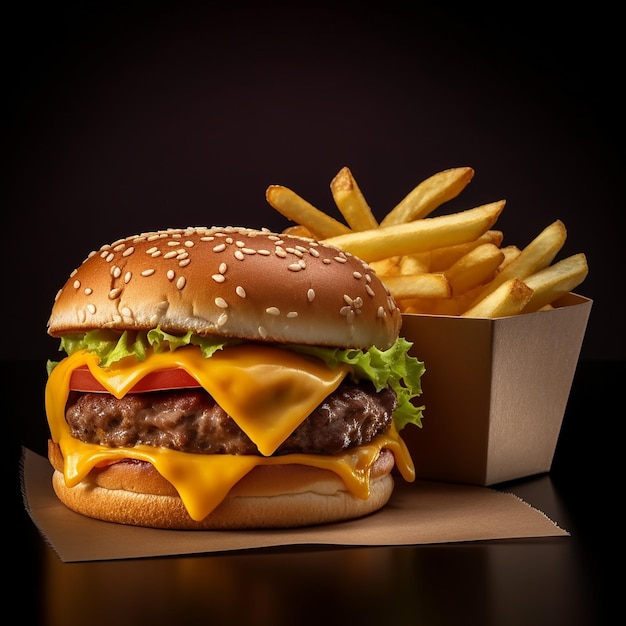 una hamburguesa con queso con hamburguesa y papas fritas en una caja.