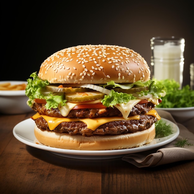 UNA HAMBURGUESA CON QUESO EN UN HERMOSO PLATO