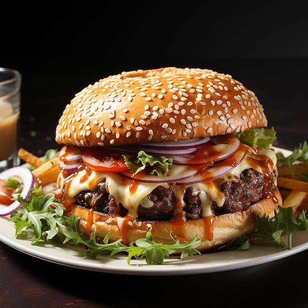 UNA HAMBURGUESA CON QUESO EN UN HERMOSO PLATO