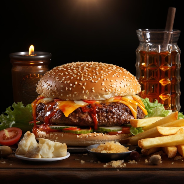 Una hamburguesa con queso y ketchup está sobre una mesa con una vela al fondo.