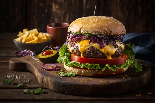 Una hamburguesa con queso y lechuga en una tabla de madera