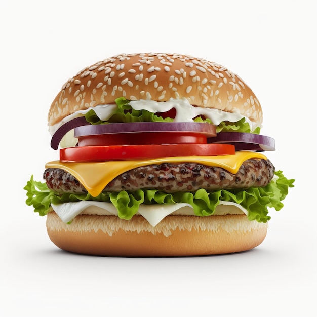 Una hamburguesa con queso, lechuga, tomate y cebolla encima.