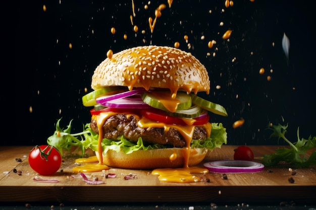 Hamburguesa con queso, lechuga, tomate, cebolla y pepinillos en tabla de cortar IA generativa