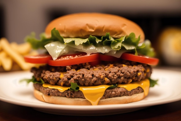 Una hamburguesa con queso con lechuga, tomate y lechuga encima.