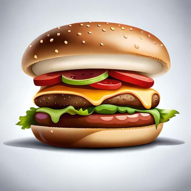 Una hamburguesa con queso, lechuga, tomate y lechuga encima.