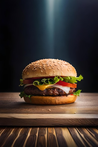 Una hamburguesa con queso, lechuga, tomate y lechuga sobre una mesa de madera.