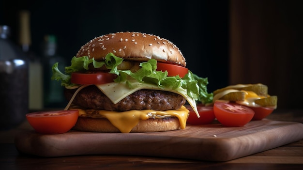 Una hamburguesa con queso con lechuga, tomate y lechuga en una tabla para cortar