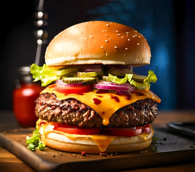 Hamburguesa con queso, lechuga, tomate y pepinillos