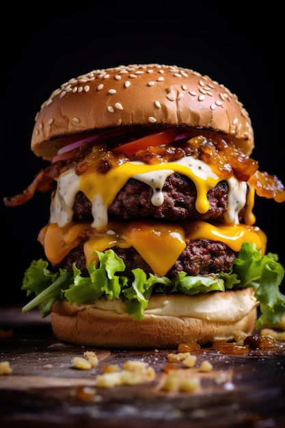 Una hamburguesa con queso con lechuga y tomate