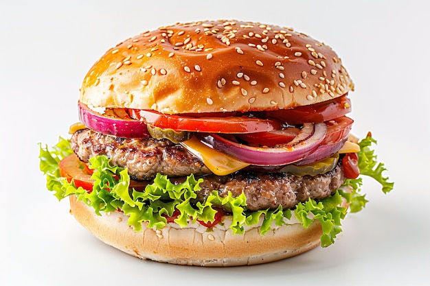 Una hamburguesa con queso con lechuga y tomate