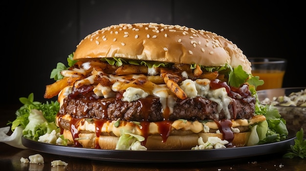 hamburguesa con queso llena de queso, carne y verduras de fondo blanco y semillas de sésamo encima