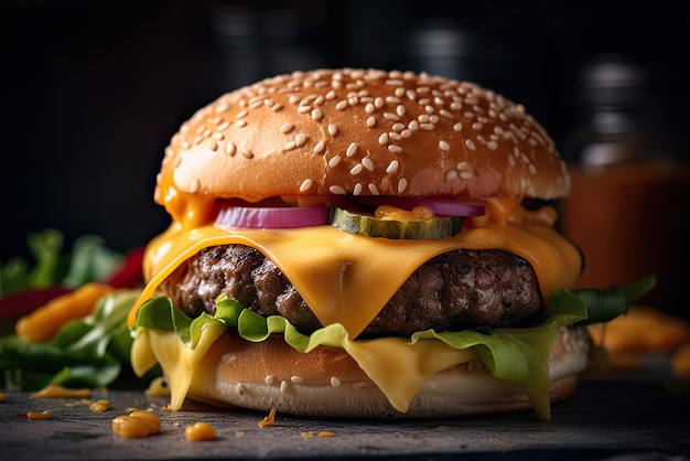 Una hamburguesa con queso con pan y verduras