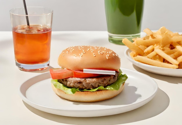 hamburguesa con queso con papas fritas y una bebida