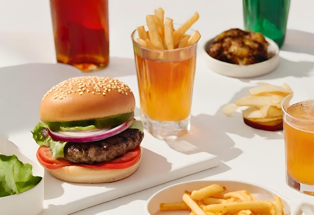 Foto hamburguesa con queso con papas fritas y una bebida