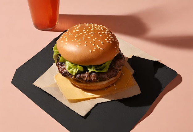 hamburguesa con queso con papas fritas y una bebida