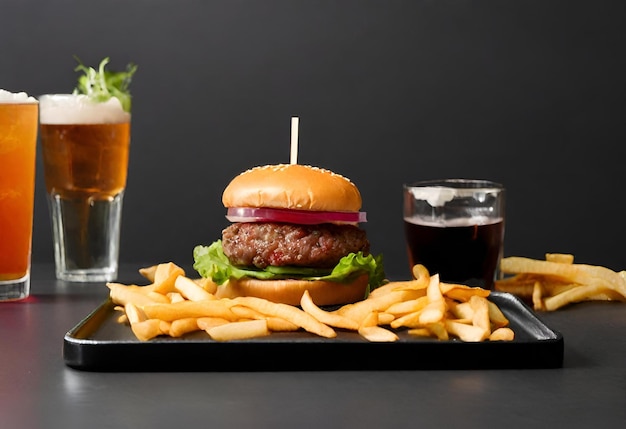 hamburguesa con queso con papas fritas y una bebida