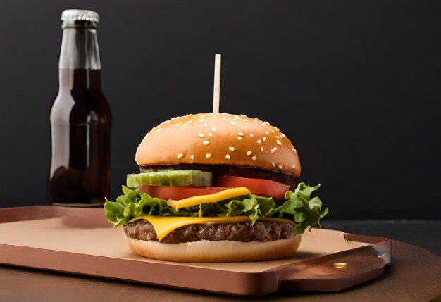 hamburguesa con queso con papas fritas y una bebida