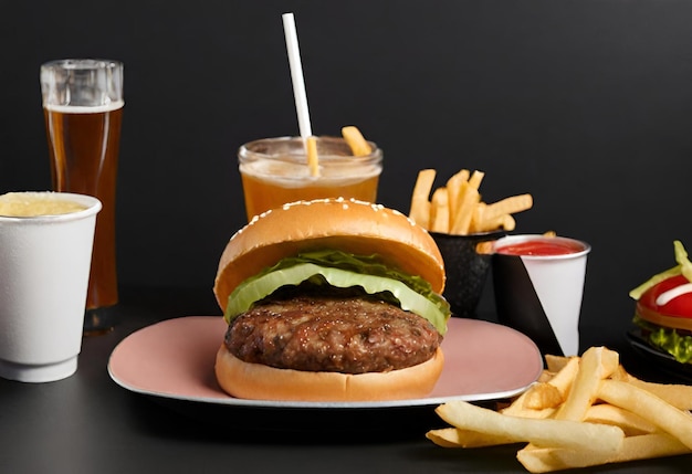 hamburguesa con queso con papas fritas y una bebida