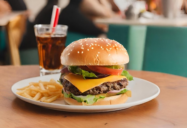 hamburguesa con queso con papas fritas y una bebida