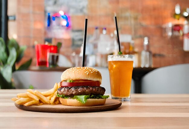 hamburguesa con queso con papas fritas y una bebida