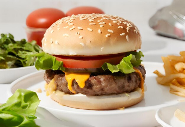 hamburguesa con queso con papas fritas y una bebida