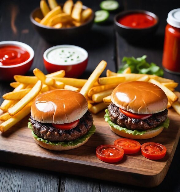 hamburguesa con queso con papas fritas y ketchup