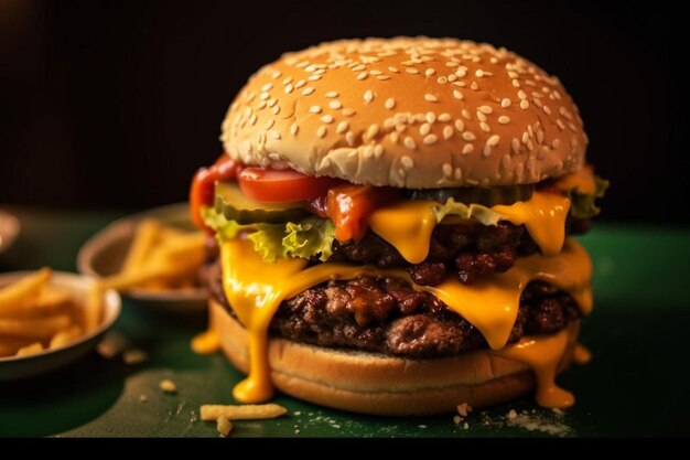 Foto una hamburguesa con queso y papas fritas en una mesa