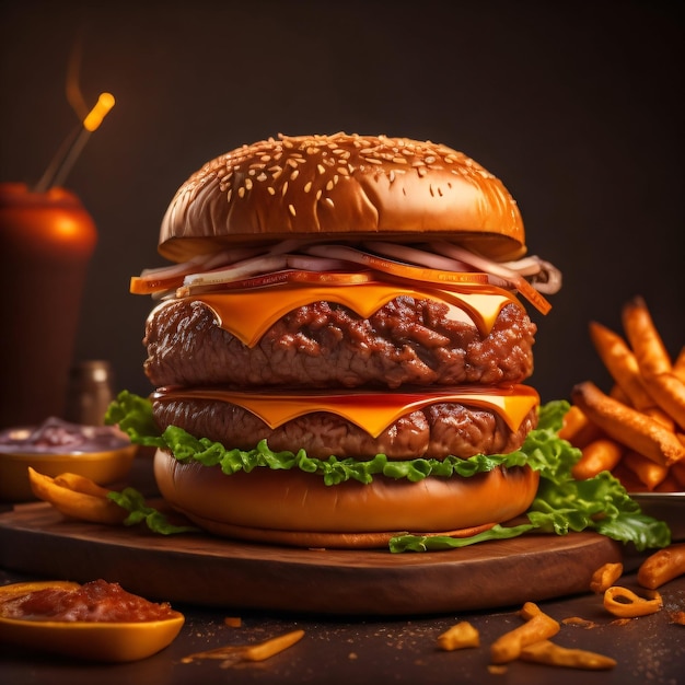 Una hamburguesa con queso y papas fritas en una mesa