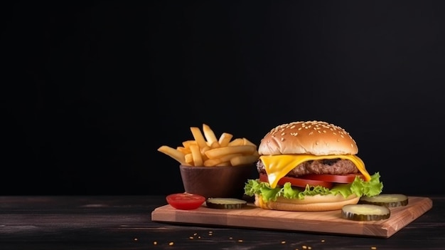 Una hamburguesa con queso y papas fritas en una tabla de madera.