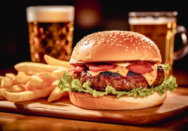 Hamburguesa de queso con papas fritas y un vaso de cerveza en una tabla de madera