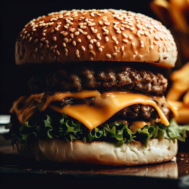 Hamburguesa con queso a la parrilla en pan de sésamo con papas fritas