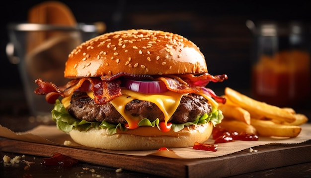 Hamburguesa con queso a la parrilla y papas fritas: una comida clásica generada por IA