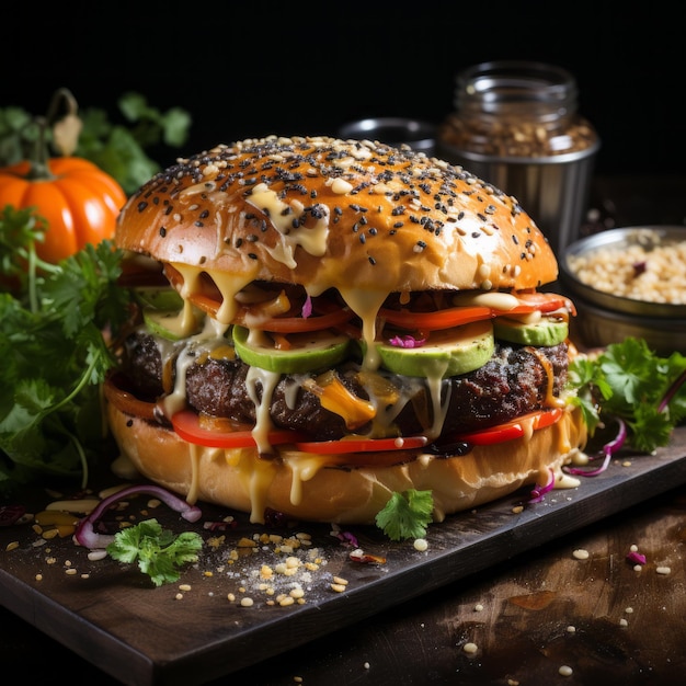 Hamburguesa con queso a la parrilla sobre pan de sésamo con aderezos frescos