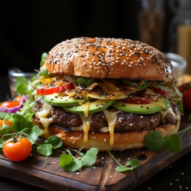 Hamburguesa con queso a la parrilla sobre pan de sésamo con aderezos frescos